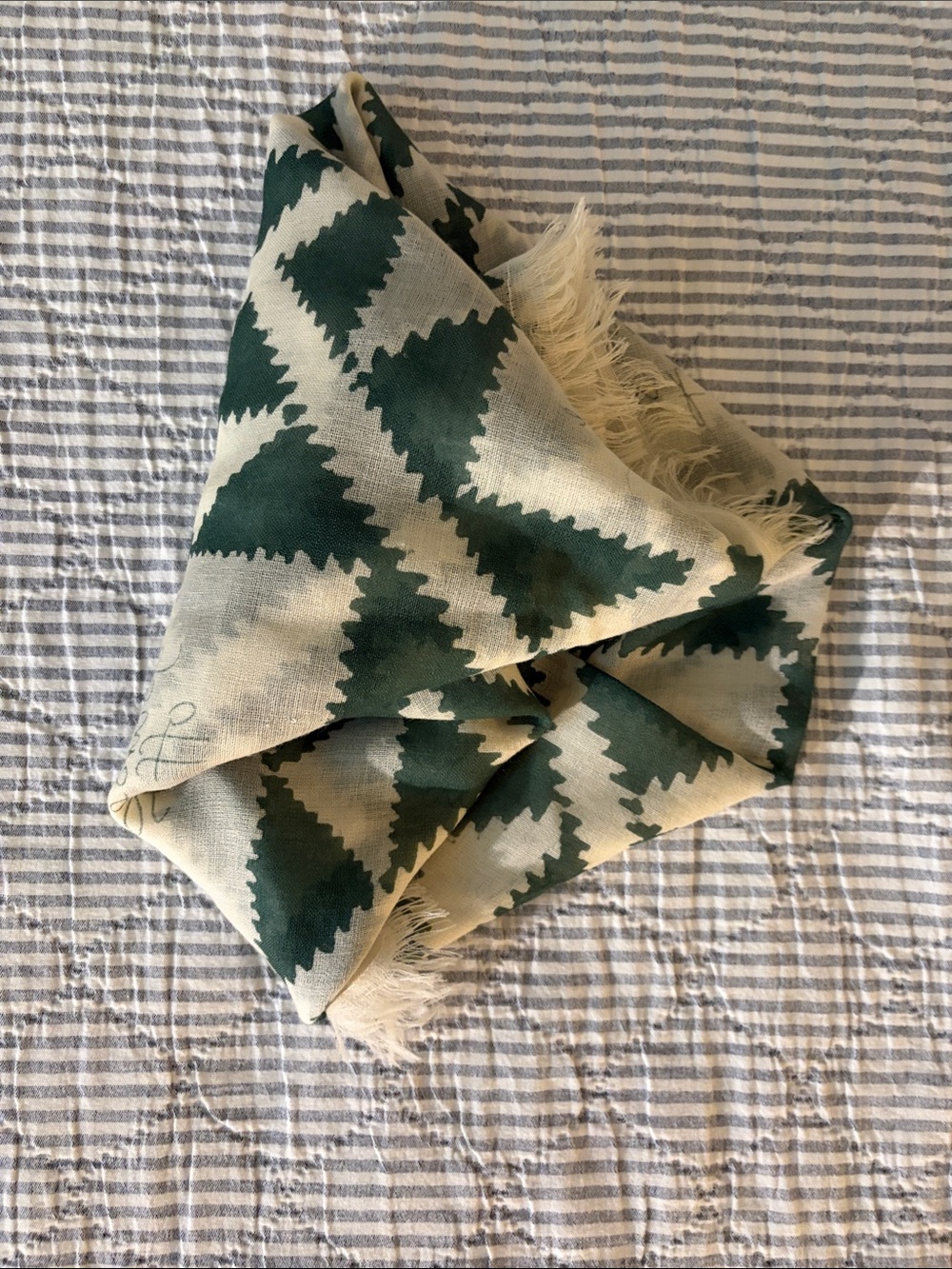 Madewell Green & Cream Patterned Fringe Scarf